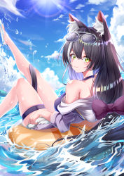 Rule 34 | 1girl, :3, absurdres, animal ear fluff, animal ears, bare shoulders, barefoot, black hair, blush, bow, cat ears, cat girl, closed mouth, cloud, eyes visible through hair, eyewear on head, female focus, green eyes, hair between eyes, hair bow, highres, innertube, karyl (princess connect!), karyl (summer) (princess connect!), leg up, legs, lens flare, long hair, looking at viewer, looking back, low twintails, multicolored hair, princess connect!, purple bow, sky, solo, streaked hair, sunlight, swim ring, swimsuit, takemura kou, thigh strap, thighs, twintails, very long hair, water, water drop, white hair