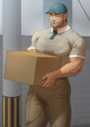 Rule 34 | 1boy, arm hair, bara, baseball cap, beard, brown pants, carrying, collared shirt, covered erect nipples, delivery, facial hair, feet out of frame, gorou naoki, hat, large pectorals, male focus, mature male, muscular, muscular male, original, paid reward available, pants, pectorals, paid reward available, shirt, short hair, solo, standing, stubble, sweat, wet, wet clothes, wet shirt