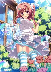 Rule 34 | 1girl, :d, apron, aqua bow, bad id, bad pixiv id, blue sky, blue thighhighs, blush, bow, breasts, brown hair, cloud, day, dress, frilled dress, frills, garden, garter straps, grass, hair ornament, hairclip, highres, hose, looking at viewer, maid, maid apron, maid headdress, medium breasts, moe2015, one side up, open mouth, original, outdoors, panties, pantyshot, plant, purple eyes, reflection, sky, smile, standing, suke (suraimubesulove), thighhighs, tree, underwear, water, water drop, white panties, window, wrist cuffs