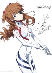 Rule 34 | 1girl, absurdres, artist name, bodysuit, breasts, brown hair, closed mouth, copyright name, evangelion: 3.0+1.0 thrice upon a time, eyepatch, gloves, hair ornament, highres, interface headset, logo, long sleeves, looking at viewer, medium breasts, neon genesis evangelion, nishigori atsushi, official art, plugsuit, rebuild of evangelion, scan, signature, simple background, skin tight, smile, solo, souryuu asuka langley, turtleneck, white background