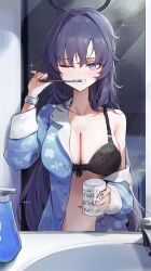 Rule 34 | 1girl, bathroom, black bra, blanc (whit blanc), blue archive, blue eyes, blue pajamas, blush, bra, breasts, brushing teeth, cleavage, collarbone, commentary request, cup, equation, eyelashes, fang, grin, hair between eyes, hair down, hair intakes, halo, hand up, highres, holding, holding cup, indoors, large breasts, lingerie, long hair, looking at viewer, math, mechanical halo, messy hair, mirror, one eye closed, open pajamas, pajamas, purple hair, reflection, single bare shoulder, smile, solo, sparkle, teeth, tsurime, underwear, upper body, very long hair, watch, wristwatch, yuuka (blue archive)