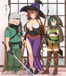 Rule 34 | 1boy, 2girls, arrow (projectile), artist self-insert, bad id, bad pixiv id, black gloves, bow (weapon), breasts, brown hair, character request, cherry blossoms, cleavage, cloak, cosplay, crossed arms, dragon&#039;s crown, elf (dragon&#039;s crown), elf (dragon&#039;s crown) (cosplay), gloves, green eyes, green hair, halloween, halloween costume, heart, highres, kantai collection, large breasts, long hair, multiple girls, quiver, shin&#039;en-san (shin&#039;en), shin&#039;en (gyokuro company), shorts, sorceress (dragon&#039;s crown), sorceress (dragon&#039;s crown) (cosplay), spoken heart, sword, tattoo, translated, very long hair, weapon, yamato (kancolle), zuikaku (kancolle)