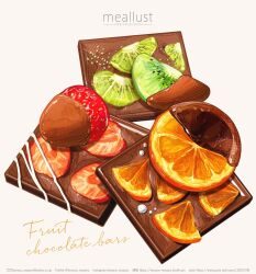 Rule 34 | artist name, chocolate, english text, food, food focus, fruit, haruna macpro, highres, kiwi (fruit), kiwi slice, no humans, orange (fruit), orange slice, original, simple background, strawberry, valentine