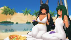 Rule 34 | 2girls, :t, animal ears, animal hands, anubis (monster girl encyclopedia), armband, banana, belt collar, black hair, blue sky, blush, bowl, breasts, claws, cleavage, collar, commentary, commission, day, desert, dress, drink, eating, egyptian clothes, food, fruit, grapes, green eyes, green hair, hair ornament, hairclip, jewelry, kuroonehalf, lake, large breasts, long hair, monster girl, monster girl encyclopedia, multiple girls, oasis, outdoors, palm tree, red eyes, reflection, sand, signature, sitting, sky, small breasts, smile, tail, towel, tree, white dress, wolf ears, wolf tail