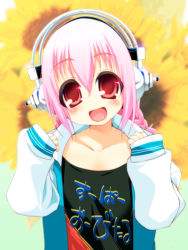 Rule 34 | 1girl, blush, headphones, kouki kuu, long hair, looking at viewer, nitroplus, open mouth, oversized clothes, pink hair, red eyes, smile, solo, super sonico, aged down