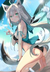 Rule 34 | 1girl, \n/, ahoge, animal ears, aqua eyes, armpit crease, ass, bare arms, bare shoulders, barefoot, bikini, black bikini, braid, breasts, day, drawstring, fox ears, fox girl, fox shadow puppet, fox tail, from side, grey hair, highres, hololive, hood, hood down, long hair, looking at viewer, looking to the side, low ponytail, open clothes, outdoors, satoupote, shirakami fubuki, sky, sleeveless, sleeveless jacket, small breasts, smile, solo, squatting, string bikini, sun, sunlight, swimsuit, tail, thighs, thong, very long hair, virtual youtuber, wedgie