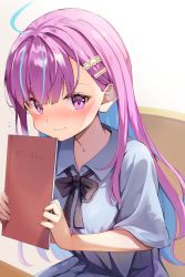 Rule 34 | 1girl, ahoge, alternate hairstyle, aqua hair, blush, chair, colored inner hair, commentary request, flying sweatdrops, hair down, hair ornament, hairclip, highres, hololive, long hair, minato aqua, multicolored hair, notebook, pink eyes, pink hair, school uniform, sitting, solo, streaked hair, summer tail720, sweat, translation request, two-tone hair, upper body, virtual youtuber