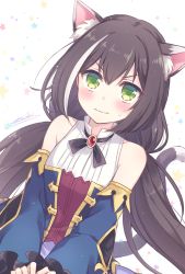 Rule 34 | 1girl, animal ear fluff, animal ears, blouse, blue sleeves, blush, brown hair, cat ears, cat girl, cat tail, closed mouth, detached sleeves, floating hair, frilled sleeves, frills, green eyes, hair between eyes, highres, karyl (princess connect!), kousetsu, long hair, long sleeves, looking at viewer, low twintails, princess connect!, shirt, solo, tail, twintails, twitter username, upper body, v-shaped eyebrows, very long hair, white background, white shirt
