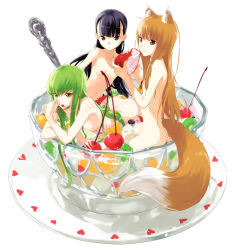 Rule 34 | 10s, 3girls, animal ears, black hair, brown hair, c.c., censored, cherry, code geass, collarbone, completely nude, convenient censoring, crossover, cup, eating, female focus, food, fruit, green hair, heart, holding, holo, in container, in food, kawakami rokkaku, long hair, looking at viewer, mini person, minigirl, multiple crossover, multiple girls, nude, oversized object, plate, red eyes, sasa kazamori, simple background, spice and wolf, spoon, strawberry, tail, un-go, white background, wolf ears, wolf tail, yellow eyes