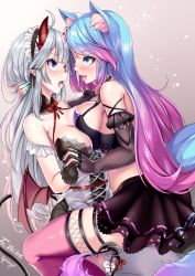 Rule 34 | 2girls, absurdres, after kiss, animal ears, asymmetrical docking, black gloves, blue eyes, blue hair, blue nails, blunt bangs, breast press, breasts, cherry blossoms, choker, cleavage, commentary, commission, demon horns, demon tail, demon wings, dress, duplicate, english commentary, fingerless gloves, fingernails, fishnet gloves, fishnets, flower, flower choker, frilled dress, frilled legwear, frills, gloves, gradient background, gradient hair, gradient nails, hair flower, hair ornament, heart tail duo, highres, holding hands, horns, indie virtual youtuber, interlocked fingers, large breasts, long fingernails, long hair, maid headdress, medium breasts, multicolored hair, multiple girls, nail polish, off-shoulder dress, off shoulder, open mouth, pink hair, pink legwear, pink nails, pleated skirt, pointy ears, red ribbon, ribbon, saliva, saliva trail, second-party source, sideboob, sidelocks, signature, silver hair, silvervale, silvervale (4th costume), skeb commission, skindentation, skirt, snowing, swept bangs, tail, tail ornament, tail ribbon, thighhighs, two-tone hair, vei (vtuber), vei (vtuber) (4th costume), very long hair, virtual youtuber, wings, wolf ears, wolf girl, wolf tail, yuri, yuu sagi