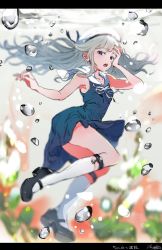 Rule 34 | 1girl, anchor earrings, armpits, bad id, bad pixiv id, beret, black footwear, blue dress, blurry, blurry background, bubble, character request, copyright request, dated, depth of field, dress, earrings, grey hair, hand to forehead, hat, hat ribbon, high heels, highres, jewelry, kneehighs, legwear garter, letterboxed, long hair, looking at viewer, mary janes, nanase miri, neck ribbon, open mouth, purple eyes, ribbon, sailor dress, shoes, simple background, socks, solo, white ribbon, white socks