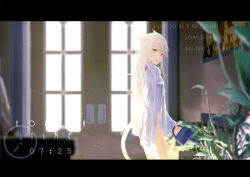 Rule 34 | 10s, 1girl, animal ears, backlighting, cat ears, clock, door, english text, facial mark, final fantasy, final fantasy xiv, hair down, heterochromia, holding, indoors, letterboxed, light particles, lili mdoki, looking at viewer, messy hair, miqo&#039;te, morning, no pants, open clothes, open mouth, open shirt, painting (object), pink hair, plant, potted plant, red eyes, shirt, sleepy, solo, tail, warrior of light (ff14), watering can, yellow eyes