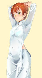 Rule 34 | 10s, 1girl, alp, arms up, blush, covered navel, fingernails, hoshizora rin, looking at viewer, love live!, love live! school idol project, nail polish, orange background, orange hair, see-through, short hair, simple background, skirt, solo, vietnamese dress, yellow eyes
