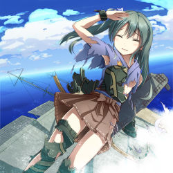 Rule 34 | 10s, 1girl, armpits, blush, boots, closed eyes, cloud, commentary, day, green hair, historical name connection, kantai collection, muneate, name connection, object namesake, ocean, pleated skirt, salute, sinking, skirt, sky, smile, solo, thigh boots, thighhighs, torn clothes, torn thighhighs, tri, zuikaku (aircraft carrier), zuikaku (kancolle)