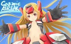 Rule 34 | 1girl, barcode, blonde hair, cosmic break, crimrose, flat chest, gloves, long hair, mecha musume, navel, outstretched arms, reaching, reaching towards viewer, red eyes, revealing clothes, sody, solo