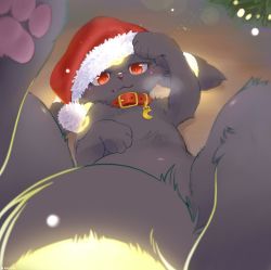 Rule 34 | :3, ancesra, animal focus, artist name, blurry, blurry foreground, blush, bokeh, breath, brown background, christmas, christmas tree, closed mouth, clothed pokemon, collar, commission, creatures (company), crescent, depth of field, fur-trimmed headwear, fur trim, game freak, gen 2 pokemon, glowing, happy, hat, highres, leg up, light blush, light particles, looking at viewer, lying, neon trim, nintendo, no humans, nose blush, on back, on floor, pawpads, pokemon, pokemon (creature), pom pom (clothes), red eyes, red hat, santa hat, smile, solo, spread legs, umbreon, watermark, wooden floor