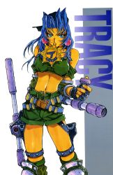 Rule 34 | 1990s (style), 1girl, badge, biting, blue eyes, blue hair, character name, dual wielding, earrings, gloves, hat, highres, holding, jewelry, knee pads, kotobuki tsukasa, long hair, matching hair/eyes, mouth hold, official art, retro artstyle, shorts, solo, tomboy, tonfa, toushinden, tracy (toushinden), weapon