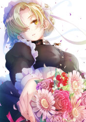Rule 34 | 1girl, anniversary, apron, azur lane, black choker, black dress, blonde hair, bouquet, braid, braided hair rings, breasts, buttons, choker, commentary request, dress, expressionless, flower, french braid, frilled apron, frills, from below, hair over one eye, highres, holding, holding bouquet, imo bouya, juliet sleeves, long sleeves, looking at viewer, looking down, maid headdress, medium breasts, medium hair, parted lips, pink flower, puffy sleeves, red flower, sheffield (azur lane), solo, white apron, white flower, yellow eyes