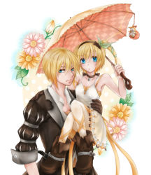 Rule 34 | 10s, 1boy, 1girl, bare shoulders, blonde hair, blue eyes, boots, breasts, brother and sister, dragon, dress, edna (tales), eizen (tales), flower, gloves, hairband, short hair, siblings, side ponytail, tales of (series), tales of berseria, tales of zestiria, umbrella