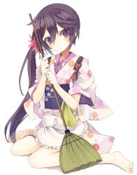 Rule 34 | 10s, 1girl, :&lt;, absurdres, akebono (kancolle), apron, bare legs, barefoot, bell, blush, broom, flower, frown, full body, hair bell, hair flower, hair ornament, highres, japanese clothes, jingle bell, kantai collection, kimono, long hair, looking at viewer, purple eyes, purple hair, short kimono, short sleeves, shugao, side ponytail, simple background, sitting, solo, tasuki, very long hair, waist apron, wariza, white background