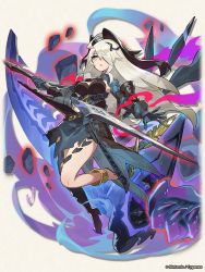 Rule 34 | 1girl, aqua dress, armor, armored dress, blue eyes, breasts, dragalia lost, dress, full body, gauntlets, holding, holding sword, holding weapon, long hair, looking at viewer, medium breasts, official art, open mouth, sword, weapon, white hair, zethia