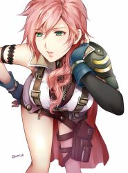 Rule 34 | 1girl, bent over, breasts, cape, final fantasy, final fantasy xiii, fingerless gloves, gloves, green eyes, large breasts, lightning farron, lips, long hair, miniskirt, pink hair, simple background, skirt, solo, tama (tmfy5), thigh strap