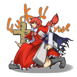 Rule 34 | 1girl, boots, bow, cape, capelet, cross, dress, english text, female focus, full body, grin, hair bow, kneeling, long hair, middle finger, okazaki yumemi, ototobe, parody, profanity, red eyes, red hair, simple background, smile, solo, touhou, touhou (pc-98), trigun, weapon, white background