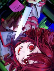 1girl :d blood bloody_knife drill_hair fangs fingernails grey_jacket highres holding holding_weapon jacket kasane_teto kasane_teto_(sv) knife layered_sleeves long_hair nail_polish nept_o open_mouth red_eyes red_hair red_nails red_trim smile solo striped_clothes striped_jacket synthesizer_v teeth twin_drills upper_body utau weapon