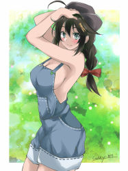 Rule 34 | 1girl, adapted costume, ahoge, black hair, black hat, blue eyes, braid, breasts, commentary request, cowboy hat, cowboy shot, gakky, grey shorts, hair flaps, hair ornament, hair over shoulder, hat, kantai collection, long hair, looking at viewer, medium breasts, naked overalls, official alternate costume, one-hour drawing challenge, overall shorts, overalls, shigure (kancolle), shigure kai ni (kancolle), shorts, single braid, solo