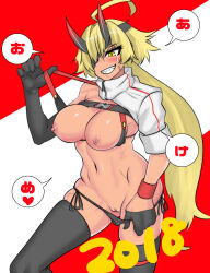 1girl absurdres ahoge asha asymmetrical_gloves bandages bikini bikini_bottom_aside bikini_pull black_bikini black_horns black_thighhighs blonde_hair blush breasts chest_belt clothes_pull clothing_aside commentary_request cowboy_shot dark-skinned_female dark_skin elbow_gloves eyepatch gloves gradient_horns grin hair_between_eyes half_gloves highres horns huge_ahoge large_breasts long_bangs long_hair looking_at_viewer low_ponytail multicolored_horns navel nipples original pulled_by_self pussy red_horns sharp_teeth single_sleeve smile solo stitches swimsuit tan teeth thighhighs uncensored uneven_gloves very_long_hair yellow_eyes