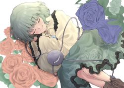Rule 34 | 1girl, absurdres, blue flower, blue rose, brown footwear, closed eyes, closed mouth, floral print, flower, green hair, green skirt, highres, koishi day, komeiji koishi, long sleeves, mouryou (chimimouryou), no headwear, pink flower, pink rose, rose, rose print, shirt, short hair, simple background, skirt, smile, solo, third eye, touhou, white background, wide sleeves, yellow shirt