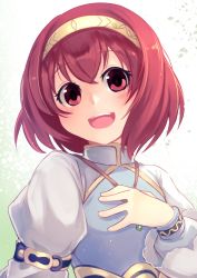 Rule 34 | 1girl, blush, dress, fire emblem, fire emblem: mystery of the emblem, fire emblem heroes, hairband, headband, highres, looking at viewer, maria (fire emblem), nakabayashi zun, nintendo, open mouth, red eyes, red hair, short hair, simple background, smile, solo, white background