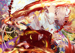 Rule 34 | 1girl, abstract background, absurdres, babi babirusa, bow, commentary request, covering own mouth, feet out of frame, fire, flower, fujiwara no mokou, grey hair, hair bow, hand up, hexagon, highres, knee up, leaning forward, long hair, long sleeves, looking at viewer, moon, ofuda, ofuda on clothes, pants, red bow, red eyes, red pants, shirt, solo, touhou, white bow, white shirt, yellow flower
