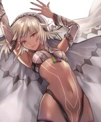 Rule 34 | 1girl, altera (fate), armpits, arms up, bare shoulders, bikini, bikini top only, black nails, black thighhighs, blonde hair, blunt bangs, breasts, closed mouth, collar, commentary request, cowboy shot, dark-skinned female, dark skin, detached sleeves, expressionless, fate/grand order, fate (series), fingernails, full-body tattoo, head tilt, lips, long fingernails, long sleeves, nail polish, navel, nij 24, red eyes, short hair, simple background, small breasts, solo, standing, stomach, swimsuit, tattoo, thighhighs, veil, white background