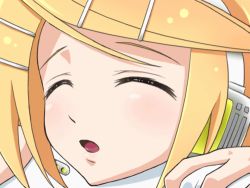 Rule 34 | 1girl, animated, animated gif, aqua eyes, bed, bed sheet, blonde hair, closed eyes, headphones, kagamine rin, lowres, mameshiba (pixiv 59310), pillow, portrait, ribbon, sexually suggestive, short hair, sigh, solo, vocaloid