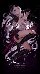Rule 34 | 1girl, armor, black background, black footwear, black gloves, breasts, character name, dark jeanne, english text, frills, full body, gloves, granblue fantasy, hair between eyes, hair ornament, highres, long hair, looking to the side, medium breasts, pauldrons, purple eyes, shoulder armor, silver hair, simple background, single vambrace, solo, thighhighs, vambraces, watao