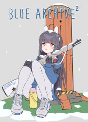 Rule 34 | 1girl, blue archive, grey background, gun, highres, miyu (blue archive), osisio, pantyhose, rabbit ears, school uniform, shoes, sitting, snow, solo, thermos, weapon, white pantyhose