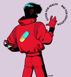 Rule 34 | 1boy, akira (manga), artist name, ass, black hair, commentary request, cowboy shot, english text, from behind, gloves, goggles, goggles around arm, grey background, hand up, highres, jacket, kaneda shoutarou (akira), kk724, long sleeves, looking at viewer, looking back, male focus, pants, puffy long sleeves, puffy sleeves, red gloves, red jacket, red pants, signature, simple background, solo, standing, unworn goggles, zipper