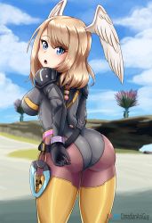 Rule 34 | 1girl, :o, ass, black gloves, black leotard, blonde hair, blue eyes, breasts, canadiananiguy, commentary, cosplay, cowboy shot, day, english commentary, eunie (xenoblade), gloves, head wings, highres, large breasts, leotard, long hair, orange thighhighs, pantyhose, pilot suit, segiri (xenoblade), segiri (xenoblade) (cosplay), sideboob, skin tight, solo, thighhighs, tree, wings, xenoblade chronicles (series), xenoblade chronicles 3