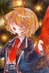 Rule 34 | 1girl, badge, black coat, blonde hair, brown pants, coat, collared shirt, colored eyelashes, commentary request, don quixote (project moon), limbus company, long sleeves, mochigome 138, necktie, open clothes, open coat, open mouth, orange nails, pants, project moon, red necktie, shirt, short hair, smile, solo, white shirt, yellow eyes