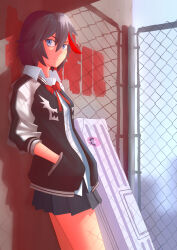 Rule 34 | 1girl, absurdres, against wall, black hair, black jacket, blue eyes, blue skirt, blurry, blurry background, bob cut, bow, bowtie, breasts, case, chain-link fence, closed mouth, commentary, copyright name, dress shirt, expressionless, fence, hair between eyes, hands in pockets, heart, highres, jacket, kill la kill, kya (kyamonhara), leaning back, letterman jacket, long sleeves, looking at viewer, matoi ryuuko, multicolored clothes, multicolored hair, multicolored jacket, open clothes, open jacket, outdoors, overcast, painttool sai (medium), pleated skirt, raglan sleeves, red bow, red bowtie, red hair, school uniform, shadow, shirt, short hair, skirt, sky, skyline, small breasts, solo, standing, star-shaped pupils, star (symbol), stone wall, streaked hair, symbol-shaped pupils, translated, two-tone jacket, wall, weapon case, white jacket, white shirt