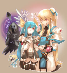 Rule 34 | 1girl, 2boys, bad id, bad pixiv id, blonde hair, blue hair, closed eyes, dizzy (guilty gear), fingerless gloves, flagpole, giving up the ghost, gloves, gradient background, guilty gear, guilty gear xrd, hair ribbon, heart, holding hands, husband and wife, ky kiske, long hair, midriff, mouth hold, multiple boys, navel, necro (guilty gear), needle, ponytail, ribbon, san (winteroll), sewing needle, shorts, sin kiske, sparkle, tail, undine (guilty gear), wings