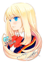 Rule 34 | 1girl, ask02, azuma sawayoshi, blazer, blonde hair, blue eyes, bow, bowtie, chloe lemaire, girlfriend (kari), highres, jacket, parted lips, profile, red bow, red bowtie, school uniform, signature, simple background, solo, upper body, white background