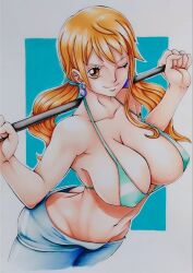 Rule 34 | 1girl, artist request, ass, bikini, bikini top only, breasts, butt crack, downpants, large breasts, long hair, looking at viewer, low twintails, nami (one piece), navel, one eye closed, one piece, orange hair, polearm, smile, solo, swimsuit, traditional media, twintails, very long hair, weapon, wide hips, wink