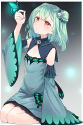 Rule 34 | 1girl, animal print, bare shoulders, blue butterfly, blue dress, blush, brooch, bug, butterfly, butterfly print, detached sleeves, double bun, dress, flat chest, full body, gradient background, green hair, hair bun, hair ornament, highres, hololive, insect, jewelry, nekoume, open mouth, parted lips, red eyes, seiza, short hair, sitting, skull hair ornament, solo, uruha rushia, uruha rushia (1st costume), virtual youtuber