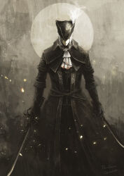 Rule 34 | 1girl, artist name, ascot, bloodborne, closed mouth, coat, copyright name, dual wielding, facing viewer, gloves, grey background, grey hair, hat, hat feather, highres, holding, holding sword, holding weapon, lady maria of the astral clocktower, layered ascot, moon, short hair, solo, sword, tricorne, tripdancer, weapon