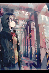 Rule 34 | 1girl, 40hara, :o, black eyes, bow, bowtie, brown hair, coat, fence, hands in pockets, highres, hood, letterboxed, original, rain, school uniform, skirt, solo, sweater vest, toggles, wet