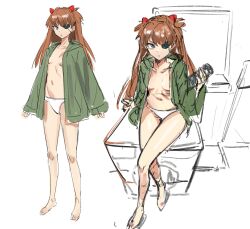Rule 34 | 1girl, absurdres, bare shoulders, barefoot, blue eyes, breasts, brown hair, crossed legs, evangelion: 3.0+1.0 thrice upon a time, eyepatch, green jacket, highres, interface headset, jacket, kiritzugu, long hair, looking at viewer, medium breasts, multiple views, navel, neon genesis evangelion, open clothes, open jacket, panties, rebuild of evangelion, short shorts, shorts, simple background, sitting, small breasts, solo, souryuu asuka langley, twintails, underwear, very long hair, white background, white panties