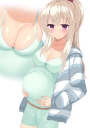 Rule 34 | 1girl, akizuki kanna, aqua shirt, aqua shorts, blush, breasts, cafe stella to shinigami no chou, cleavage, closed mouth, collarbone, colored eyelashes, commentary, cowboy shot, cross-section, crossed bangs, hair between eyes, hand on own stomach, happy, highres, hood, hoodie, large breasts, light brown hair, lips, long hair, long sleeves, open clothes, open hoodie, ponytail, pregnant, purple eyes, shirt, shorts, sidelocks, simple background, smile, surigoma matcha, white background