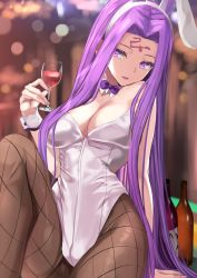 Rule 34 | 1girl, :d, animal ears, bare shoulders, black pantyhose, bottle, bow, bowtie, breasts, cleavage, cup, detached collar, drinking glass, facial mark, fake animal ears, fate/stay night, fate (series), fishnet pantyhose, fishnets, forehead mark, kesoshirou, large breasts, leotard, long hair, medusa (charming bunny) (fate), medusa (fate), medusa (rider) (fate), official alternate costume, open mouth, pantyhose, playboy bunny, purple eyes, purple hair, rabbit ears, sitting, smile, solo, square pupils, teeth, very long hair, wine bottle, wine glass, wrist cuffs